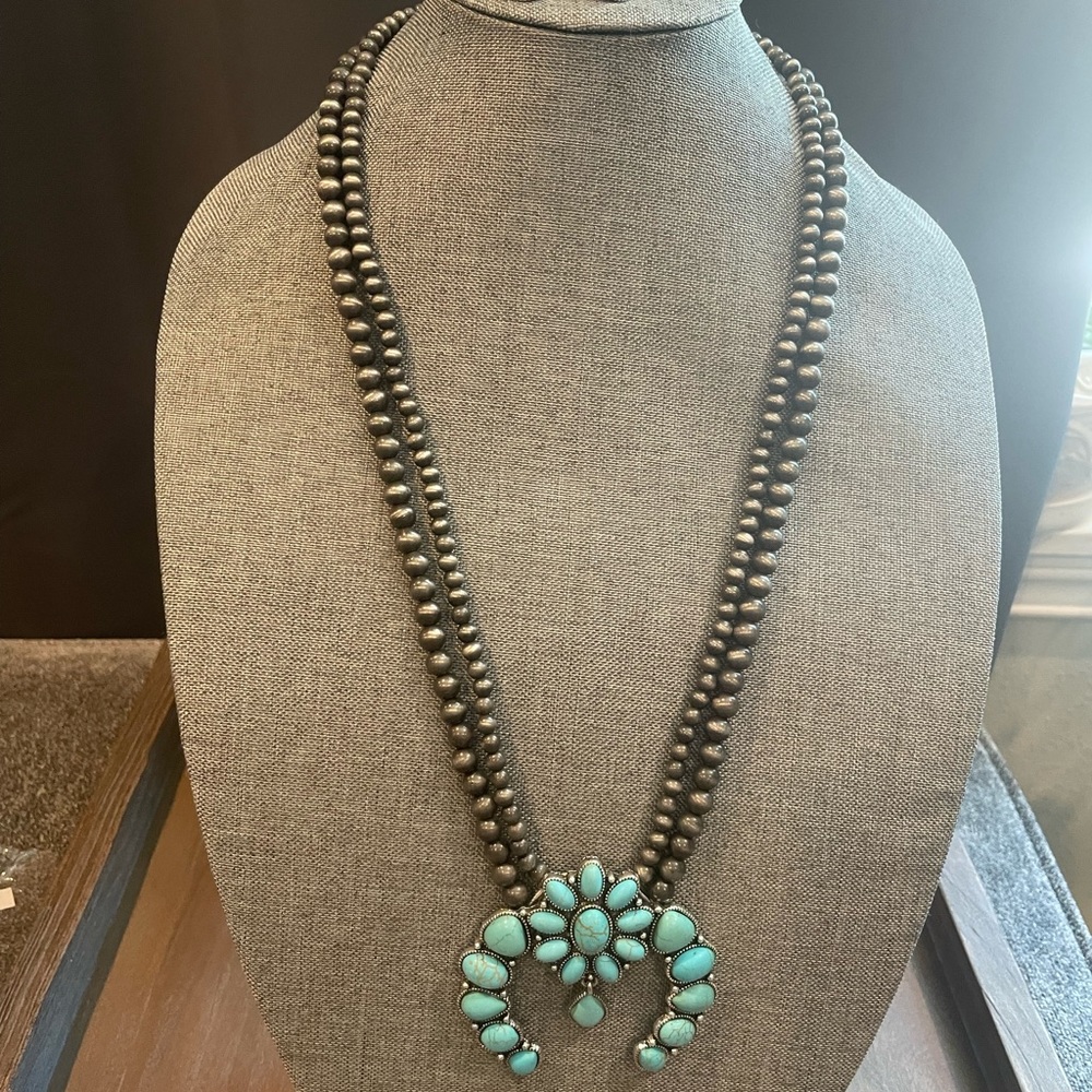 Statement Squash Blossom Necklace NWT Set Silver & Turquoise Western Tribal